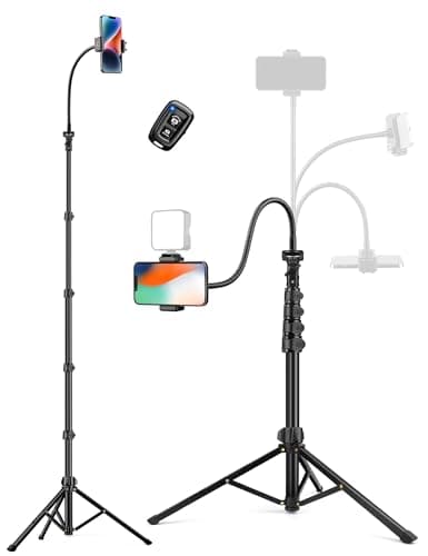 Phone Tripod, 86" Tall Tripod for iPhone with Flexible Gooseneck & Remote, Portable Aluminum Cellphone Stand for Selfies, Video Recording,Travel, Compatible with iPhone Android - Image 1
