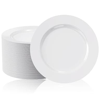 FOCUSLINE 100 Count White Plastic Plates 10 Inch, Disposable Heavy Duty Dinner Plates- Premium Hard Plastic Plates Fancy Disposable White Plates for Weddings, Parties and Events - Image 1