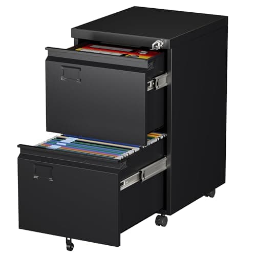 Aobabo 2 Drawer File Cabinet with Wheels, Lockable Metal Filing Cabinet with Business Card Slot for Legal/Letter Size Home Office, Required Assembled,Black - Image 1