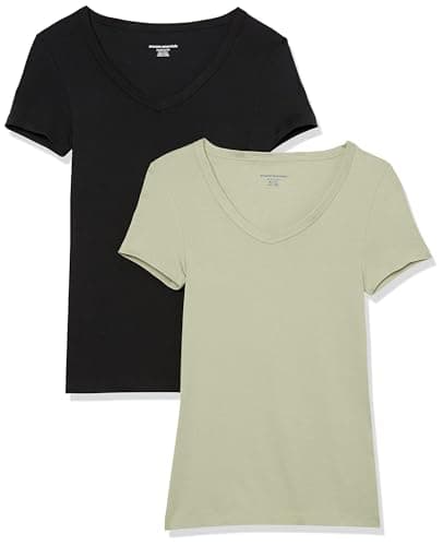 Amazon Essentials Women's Slim-Fit Short-Sleeve V-Neck T-Shirt, Pack of 2, Black/Sage Green, Small - Image 1