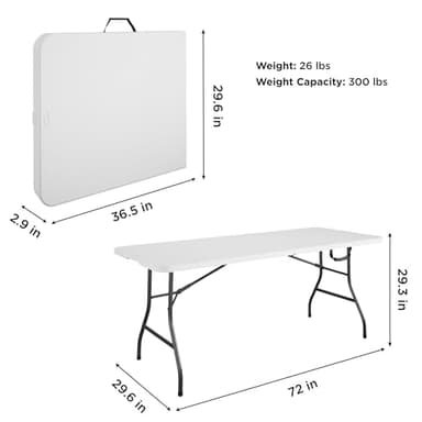 Cosco 6ft Fold-in-Half Blow Molded Folding Table, Indoor/Outdoor, Comfort Handle, Lightweight Plastic Construction - White - Image 3