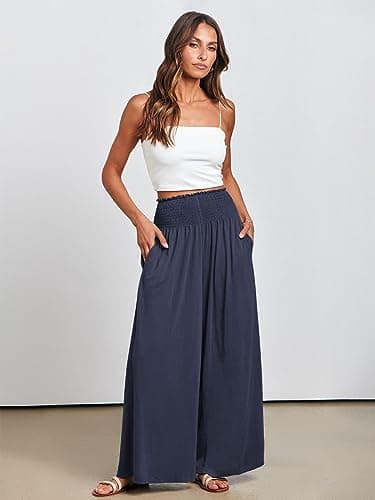 ANRABESS Women Palazzo Pants Summer Boho Bagyy Wide Leg High Smocked Waist Casual Loose Lounge Pant with Pocket Deep Blue X-Large - Image 3