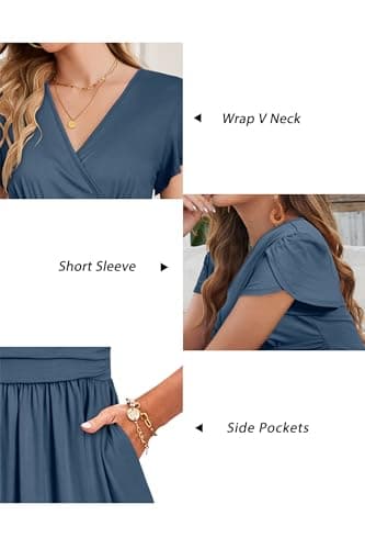 OUGES Short Sleeve Summer Maternity Maxi Dresses for Women 2025 Wrap V Neck Wedding Guest Dress Casual Spring Long Dress(Gray Blue,M) - Image 6