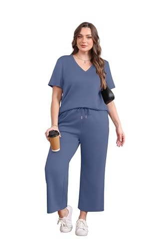 WIHOLL Summer Outfits For Women 2 Piece Lounge Matching Sets Workout Sets Spring Essentials Clothing Cruise Vacation Outfits Pajama Pants Activewear Blue L - Image 4