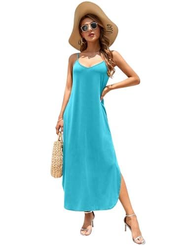 HUSKARY Spaghetti Strap Maxi Dresses for Women 2025 Summer Beach Cover Up Casual V Neck Sleeveless Long Cami Dress with Pockets and Split - Image 3