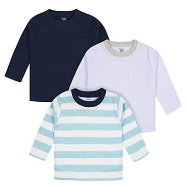 Gerber Boys Toddler 3-Pack Long Sleeve Pocket Tees, Blue Stripes & Solids, 5T - Image 1