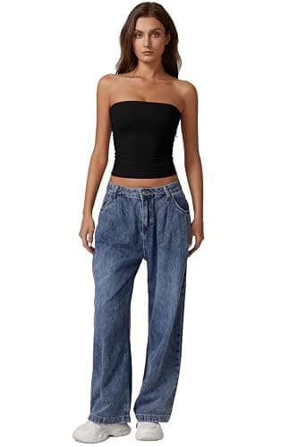 QINSEN Tube Tops for Women Off Shoulder Strapless Crop Tops Foldover Going Out Bustier Tops Black M - Image 6