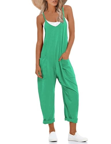 Lentta Women's Causal Jumpsuits V Neck Sleeveless Harem Overalls Stretchy Adjustable Strap Romper with Pockets(Green-M) - Image 1