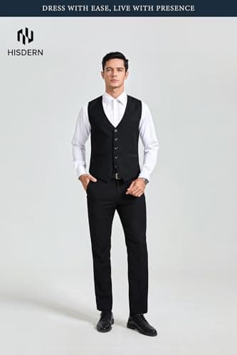 HISDERN Men's Suit Vest Business Formal Dress Waistcoat Vest with 3 Pockets for Suit or Tuxedo Black - Image 2