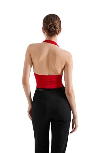 SUUKSESS Women Halter Backless Tank Tops Sexy Cowl Neck Summer Going Out Tops Sleeveless Camisole Top (Red,M) - Image 4
