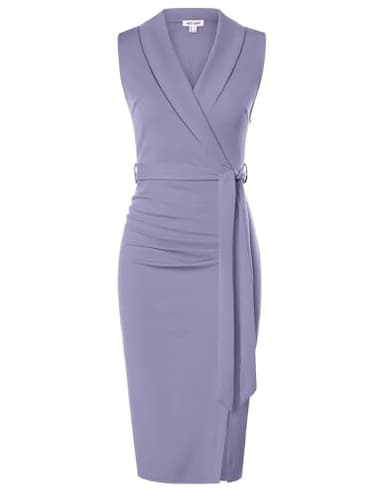 GRACE KARIN Women's Wear to Work Sleeveless Ruched Bodycon Office Pencil Midi Dresses with Belt Light Purple - Image 1