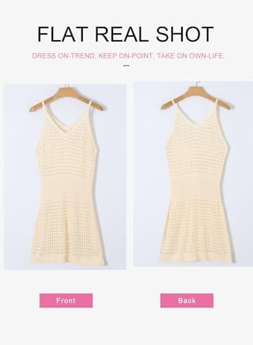 Dokotoo Women's Swimwear Cover Ups 2025 Summer Scoop Neck Sleeveless Bathing Suit Crochet Hollow Out Spaghetti Straps Cruise Resort Wear Outfits Beach Dresses for Women Apricot Small - Image 4
