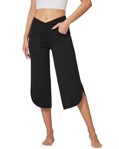 G4Free Capri Yoga Pants for Women Wide Leg Cropped Pants for Summer Flowy Loose Lightweight Lounge Capris for Workout Casual(Black,XL,21") - Image 1