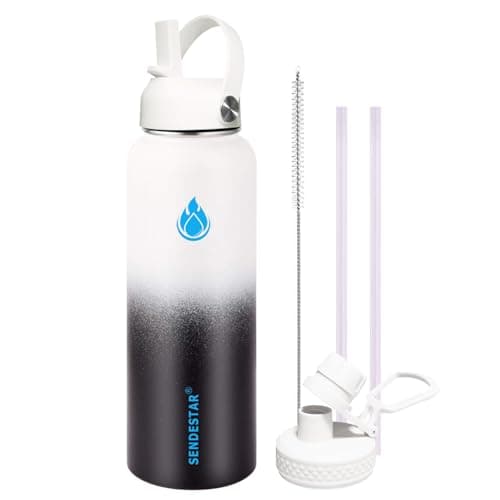 SENDESTAR Water Bottle 32oz Double Wall Vacuum Insulated Leak Proof Stainless Steel Sports Water Bottle—Wide Mouth with New Flex Straw Lid & Spout Lid (Day&Night) - Image 1