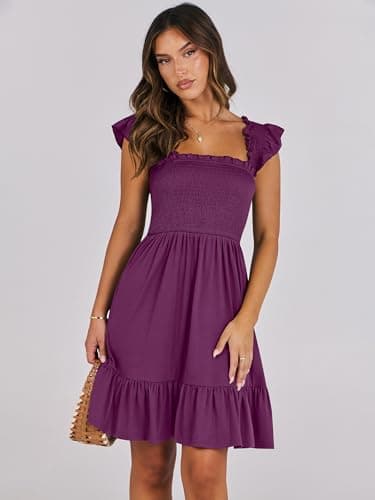 ANRABESS Women's Summer Casual Sleeveless Square Neck Dress 2025 Smocked Ruffle Backless Boho Beach Cute Teen Short Sundress Purple Red Large - Image 9