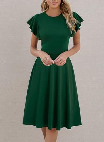 HELYO Wedding Guest Dresses for Womens Elegant Ruffle Sleeves V-Back A-Line Cocktail Party Semi Formal Dress with Pockets 842 Dark Green L - Image 7