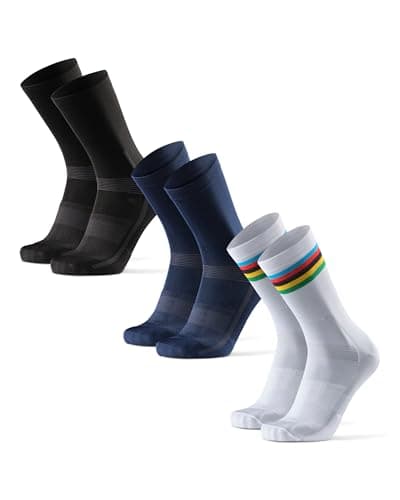 DANISH ENDURANCE Cycling Socks, Crew Length, Breathable, and Cushioned Bike Socks, for Men & Women, 3-Pack, Multicolor (1 x stripes, 1 x black, 1 x blue), Large - Image 1
