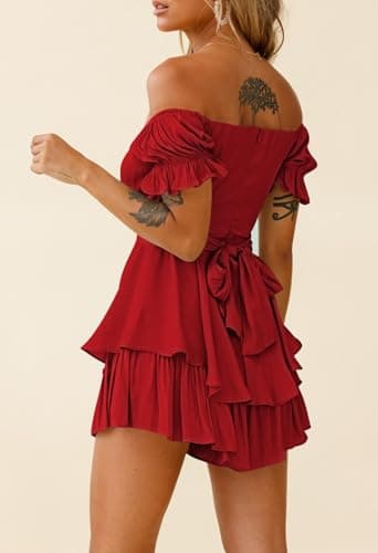 Fixmatti Women Summer Boho Romper Shorts Off Shoulder Mini Ruffle Chiffon Jumpsuits Red L - Image 4