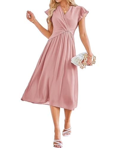 JASAMBAC Women's Flowy Casual Mini Dresses 2025 Summer Smocked V Neck Flutter Sleeve Ruffle High Low Petite Dress Wedding Guest Light Pink - Image 1