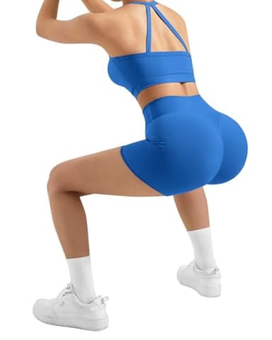 SUUKSESS Women 2 Piece Workout Sets High Waisted Tummy Control Biker Shorts Halter Tank Tops Backless Padded Sports Bras (Sapphire, M) - Image 3