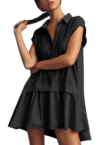 Fisoew Womens Summer Sweatshirts Dresses Short Sleeve V Neck Casual Oversized Patchwork Mini Dresses Black - Image 1