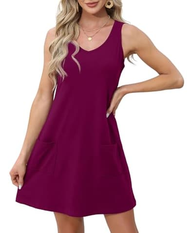 OFEEFAN Swimsuit Coverup for Women 2025 Loose V Neck Sleeveless Dress Sundresses with Pockets Plain Burgundy M - Image 3