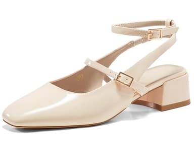 Coutgo Womens Mary Jane Chunky Low Heels Closed Square Toe Ankle Strap Pumps Wedding Party Dress Shoes, Beige, Size 6.5 - Image 1