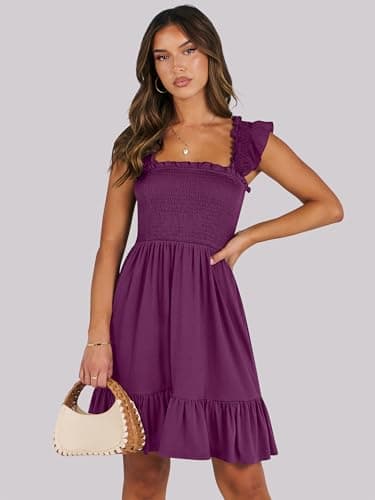ANRABESS Women's Summer Casual Sleeveless Square Neck Dress 2025 Smocked Ruffle Backless Boho Beach Cute Teen Short Sundress Purple Red Large - Image 2
