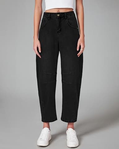 GRAPENT Barrel Jeans for Women Balloon Wide Leg Cropped Trendy Jeans Boyfriend High Waisted Jean Pants Casual Stretchy Summer Denim Trousers Color True Black X-Large Plus Size 16 to 18 - Image 3