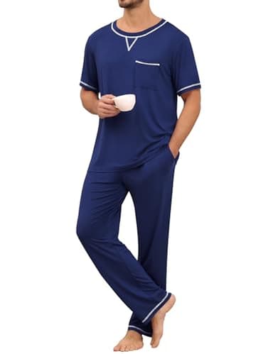 SWOMOG Mens Pajamas Set Modal Short Sleeve Sleepwear Crew Neck Pjs 2 Piece Loungewear Nightshirt Top & Pants with Pockets Navy Blue Large - Image 2