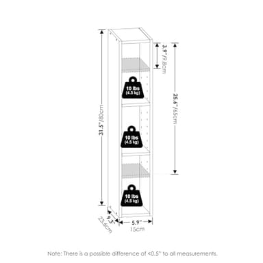Furinno Fulda Book Shelf, 3-Tier Modern Narrow Bookshelf, 6-in Width Bookcase, 9.3" x 5.9" x 31.5", for Living Room, Bedroom, Home Office, White - Image 3