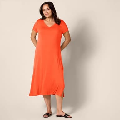 Amazon Essentials Women's Jersey V-Neck Short Sleeve Midi Length Dress, Coral Orange, Small - Image 6