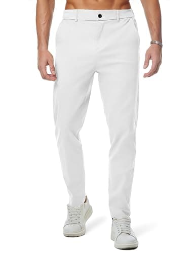 JMIERR Men's Stretch Chino Pants Business Casual Essentials Elastic Waist Classic Fit Tapered Cotton Twill Work Athletic Golf Dress Trousers, M, White - Image 1