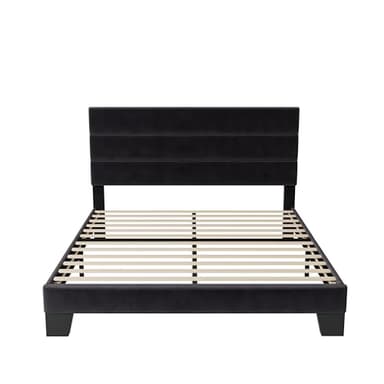Allewie Queen Size Platform Bed Frame with Velvet Upholstered Headboard and Wooden Slats Support, Fully Upholstered Mattress Foundation/No Box Spring Needed/Easy Assembly, Black - Image 8