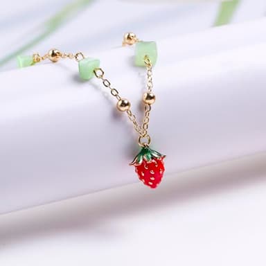 Da Piao Liang Strawberry Necklace Earrings With Green Cat'S Eye Stone - Beaded Choker Necklace Bracelet For Women Unique Graduation Gift (Style 1) - Image 4