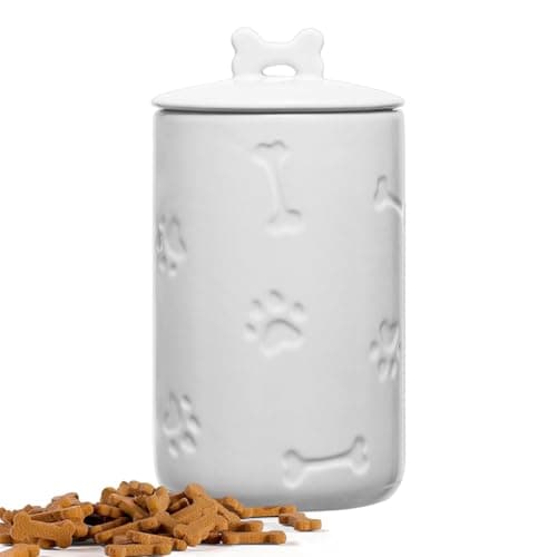 NIXBYO Dog Treat Container Airtight - 9"x5" Large Ceramic Dog Treat Jar for Kitchen Counter, White Dog Cookie Jar with Lid - Farmhouse Style Dog Food Storage Container for Dogs, Cats, Pets - Image 1