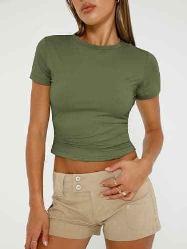 AUTOMET Womens 3 Piece Short Sleeve Shirts Basic Going Out Slim Fitted Crop Tops 2025 Summer Y2k Clothes Black,White,Army Green XL - Image 2