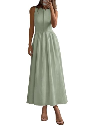 PRETTYGARDEN Maxi Dresses for Women 2025 Summer Casual Sleeveless Patchwork Flowy Vacation Sundress Knit Long Work Tank Dress(Light Green,Large) - Image 1