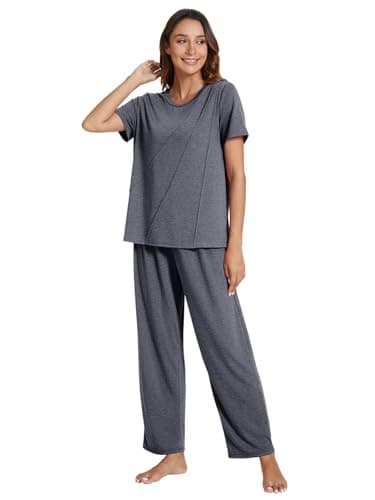 POKWAI Womens Pajama Sets Short Sleeve Top with Pants Soft Pj Women Pajamas Summer Pajamas for Women Pajama Pjs(Dark Gray,Large) - Image 3