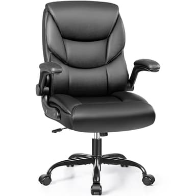 FelixKing Leather Office Chair - Small PU Ergonomic Desk Chair, Comfy Computer Chair with Wheels and Flip-up Armrests, Adjustable Height Mid Back Executive Office Chair for Short People-Black - Image 1