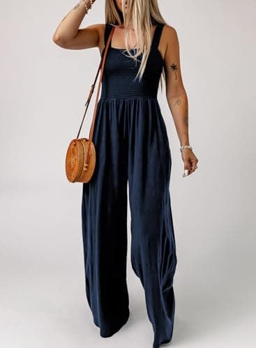 Dokotoo Loose Jumpsuits for Women Overalls Oversized Solid Color Wide Leg One Piece Sleeveless jumpsuit Long Pant Romper with Pockets 2025 Fashion Blue Large - Image 3