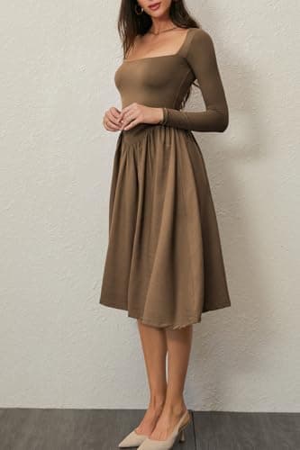 CHYRII Womens Spring Fashion 2025 Square Neck Long Sleeve Casual A-Line Midi Dress Brown XL - Image 6