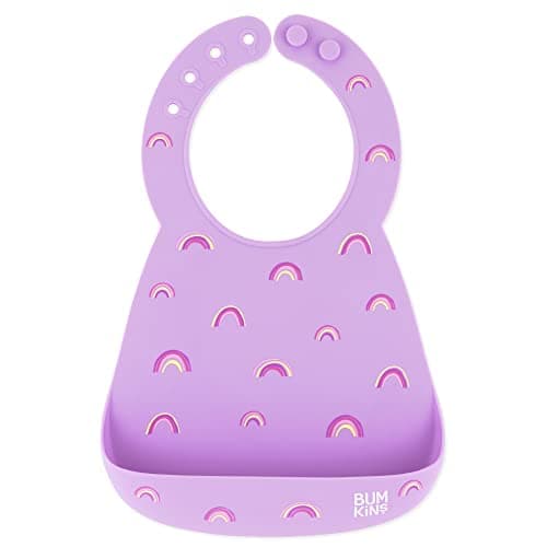 Bumkins Bibs, Silicone Pocket for Babies, Baby Bib for Girl or Boy, for 6-24 Months Up to Toddler, Essential Must Have for Eating, Feeding, Baby Led Weaning Supplies, Mess Saving, Rainbows Purple - Image 1