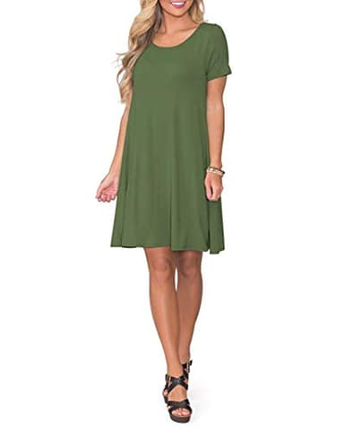 WNEEDU Women's Summer Casual T Shirt Dresses Short Sleeve Swing Dress with Pockets (L, Army Green) - Image 5