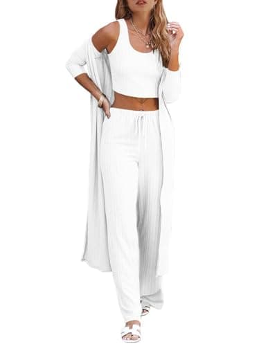 Fessceruna Womens 3 Piece Lounge Sets Pajamas Knit Long Sleeve Cardigan Crop Top Wide Leg Pants Loungewear Set A-white - Image 1
