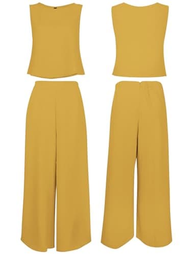 ROYLAMP Women's Summer 2 Piece Outfits Round Neck Crop Basic Top Cropped Wide Leg Pants Set Jumpsuits Ginger Yellow XS - Image 5
