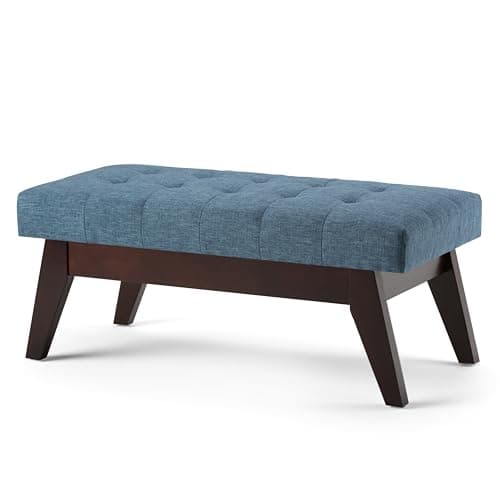 SIMPLIHOME Draper 40 inch Wide Mid Century Modern Rectangle Tufted Ottoman Bench in Denim Blue Linen Look Fabric, Assembled, for the Living Room and Bedroom - Image 1