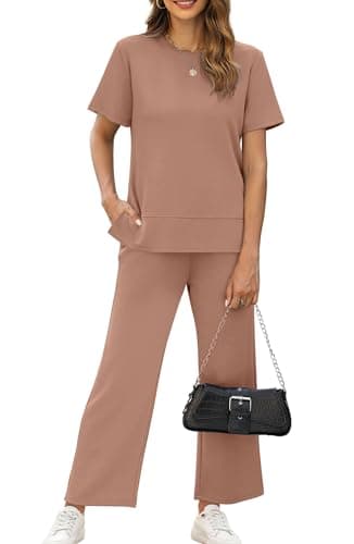XIEERDUO Woman Lounge Sets Casual Summer Two Piece Travel Outfits Spring Fashion Short Sleeve Tracksuit Wide Leg Loungewear Beach Vacation Clothes Airport Clothing Women's Resort Wear Brown S - Image 1