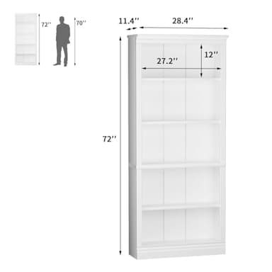Furniwell Bookcase Bookshelves, 5-Shelf Tall Bookcase 71" Wood Open Display Floor Bookshelf, Large Storage Organizer for Library, Bedroom, Living Room (White) - Image 5