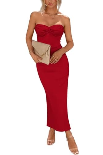 PRETTYGARDEN Women's Bodycon Long Dresses Summer Strapless Tube Twist Knot Front Ribbed Knit Maxi Cocktail Dress with Slit (Red,Medium) - Image 1